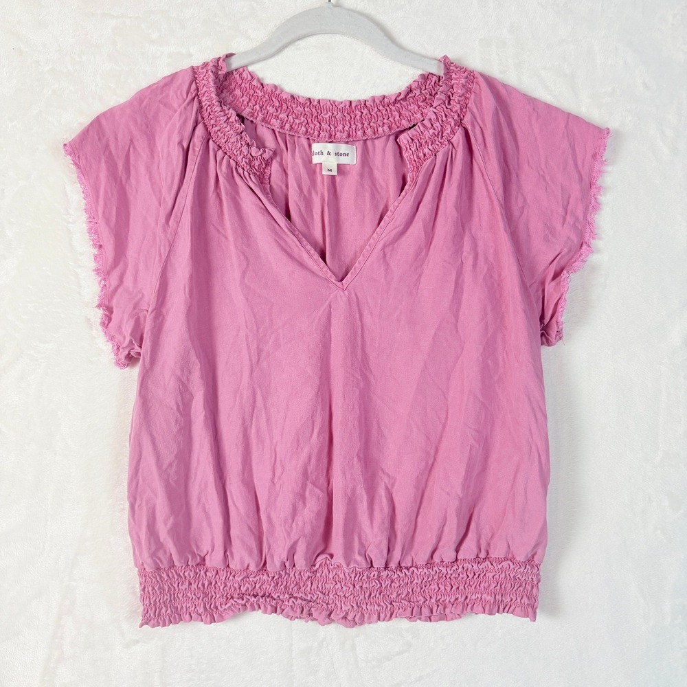Cloth & Stone Top Women Sz Medium Pink Smocked V-Neck Tencel‎ Lyocell Blouse